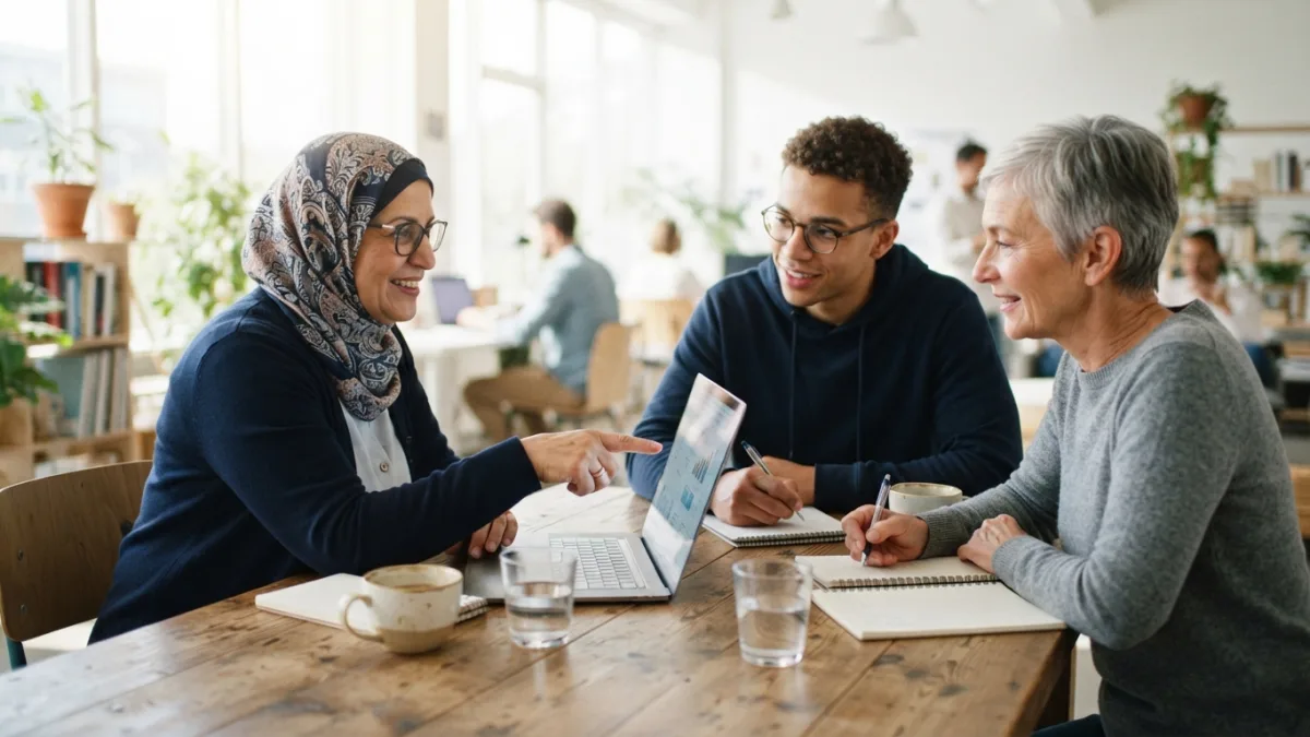 Three researchers around a meeting table discussing something on a laptop while taking handwritten notes.