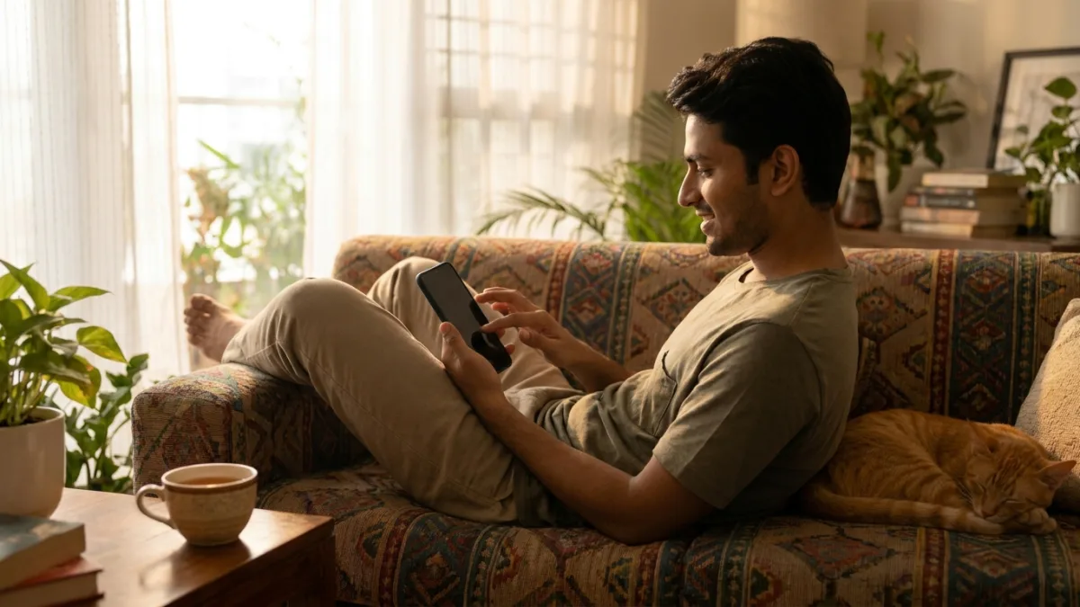 A young man on a sofa at home filling in a survey on his phone, with a cup of tea and a sleeping cat beside him