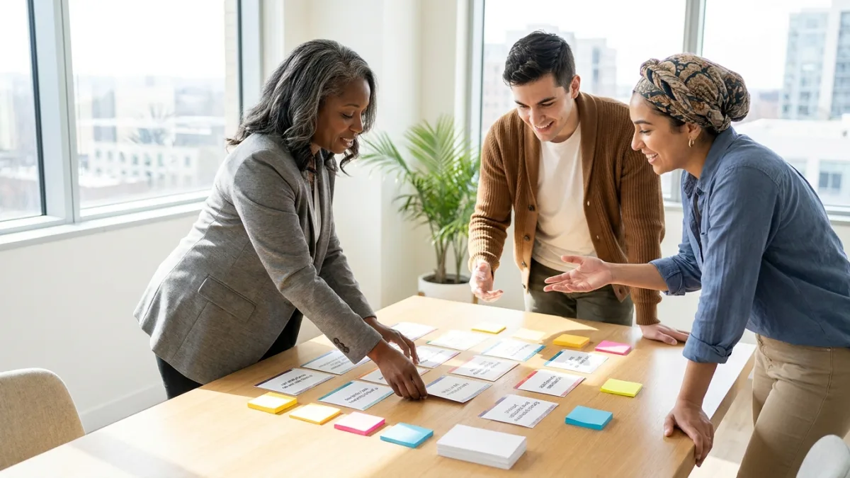 Three colleagues at a meeting table arranging blank question cards and colourful sticky notes into order