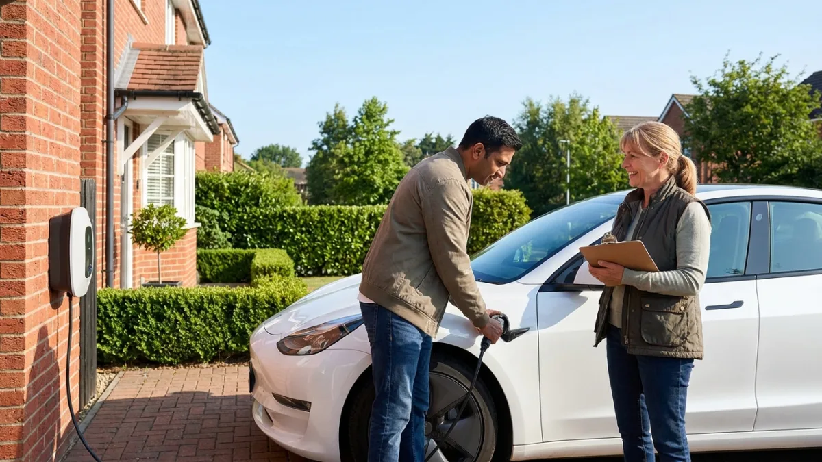 Man plugs in his electric car at a home charger while a field interviewer with a clipboard talks to him