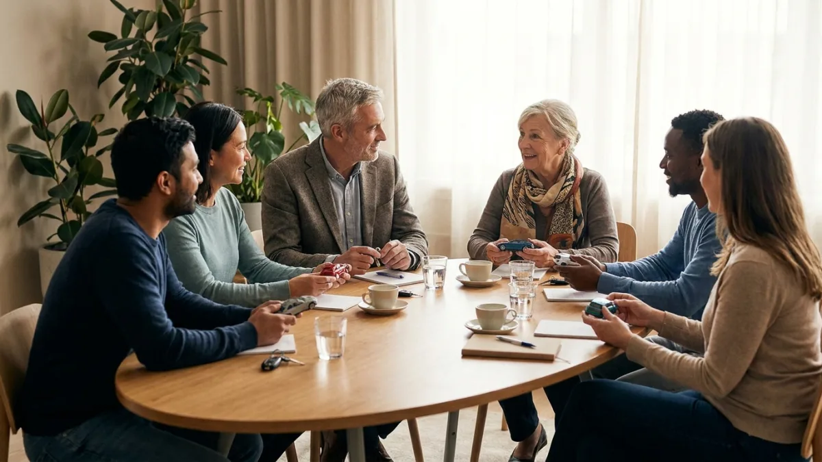Moderator listens as a group of car owners of different ages talk around a table with model cars
