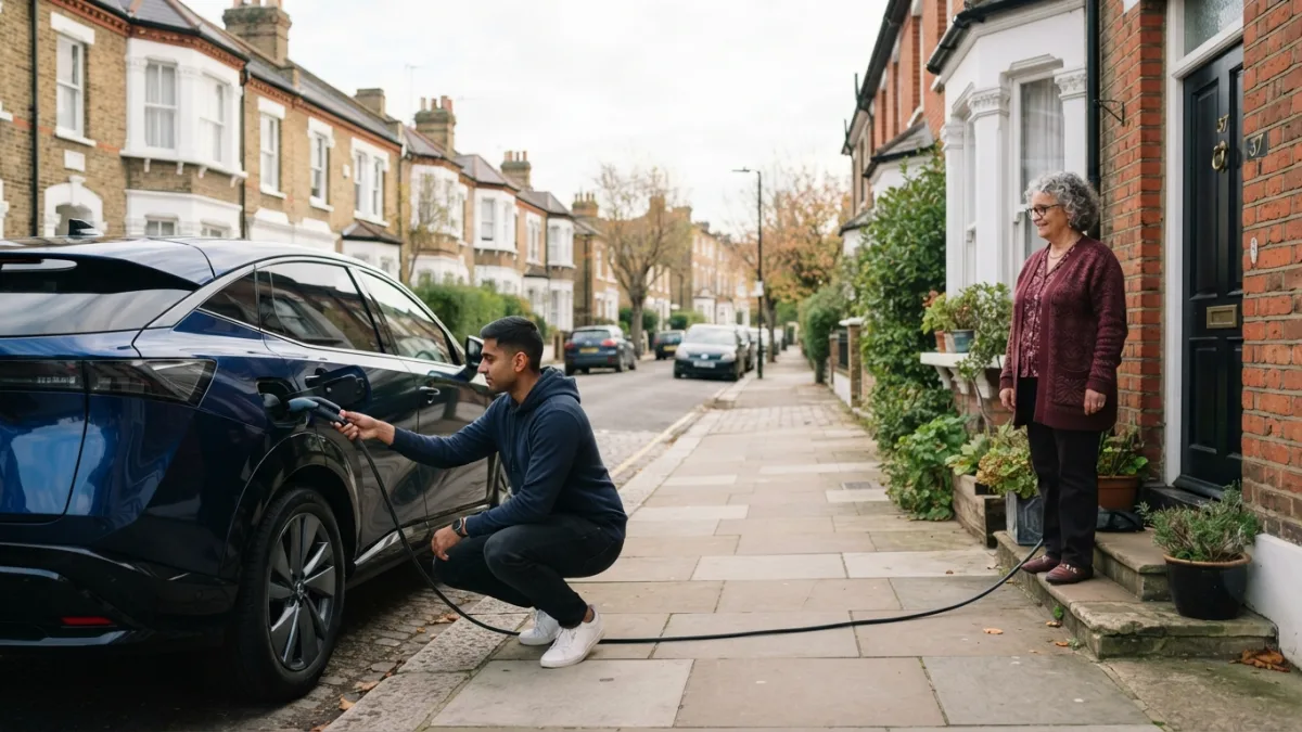 A man plugs a charging cable into a blue electric SUV on a London street while a woman looks on from a doorstep.