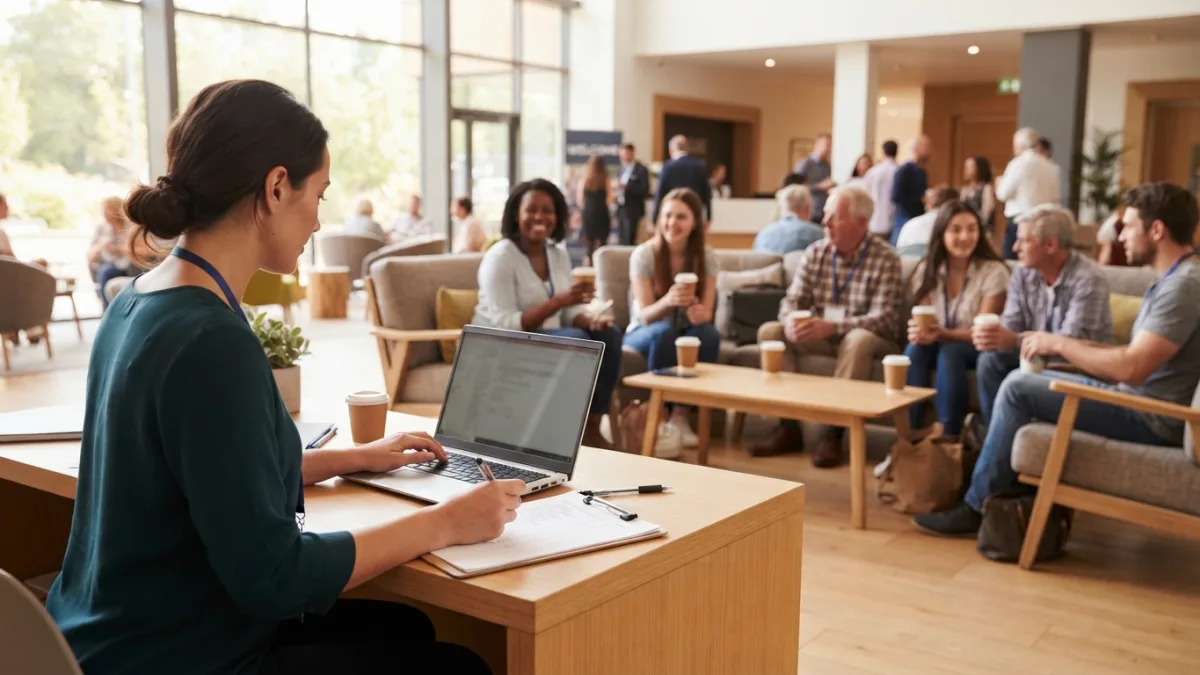A coordinator checks a laptop and clipboard at a welcome desk while a group of respondents waits on sofas in a venue foyer.