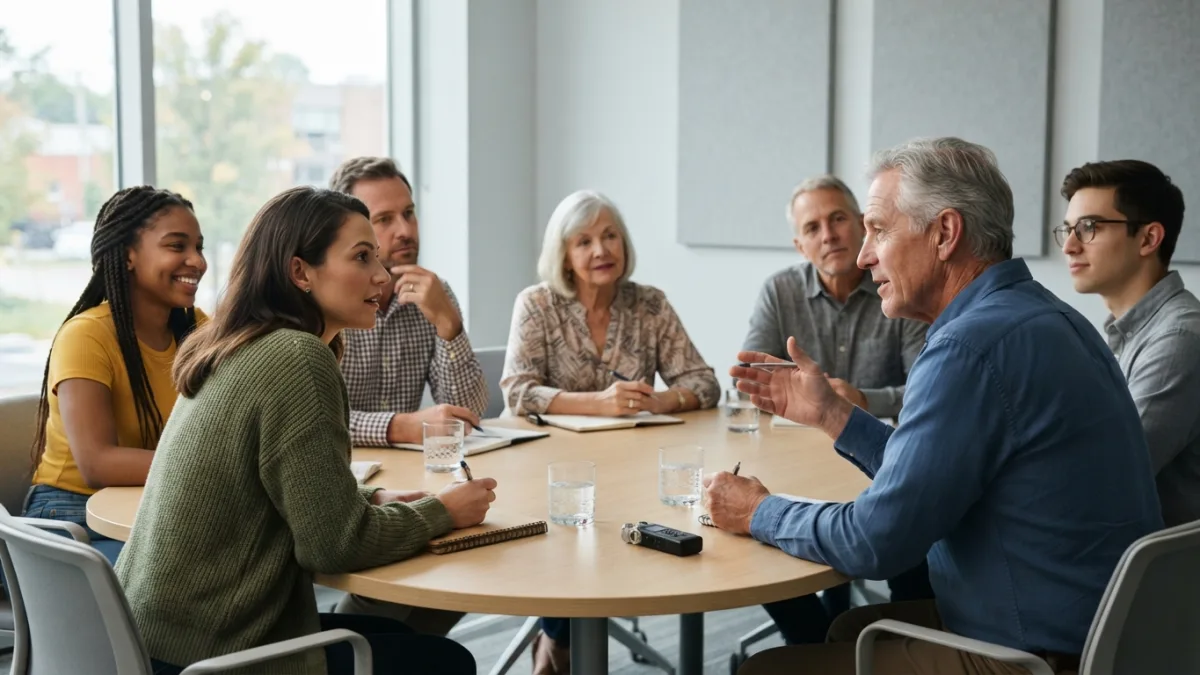 Focus group on banking customer trust 2026 with six people of mixed ages around a table as a moderator listens to an older man speaking