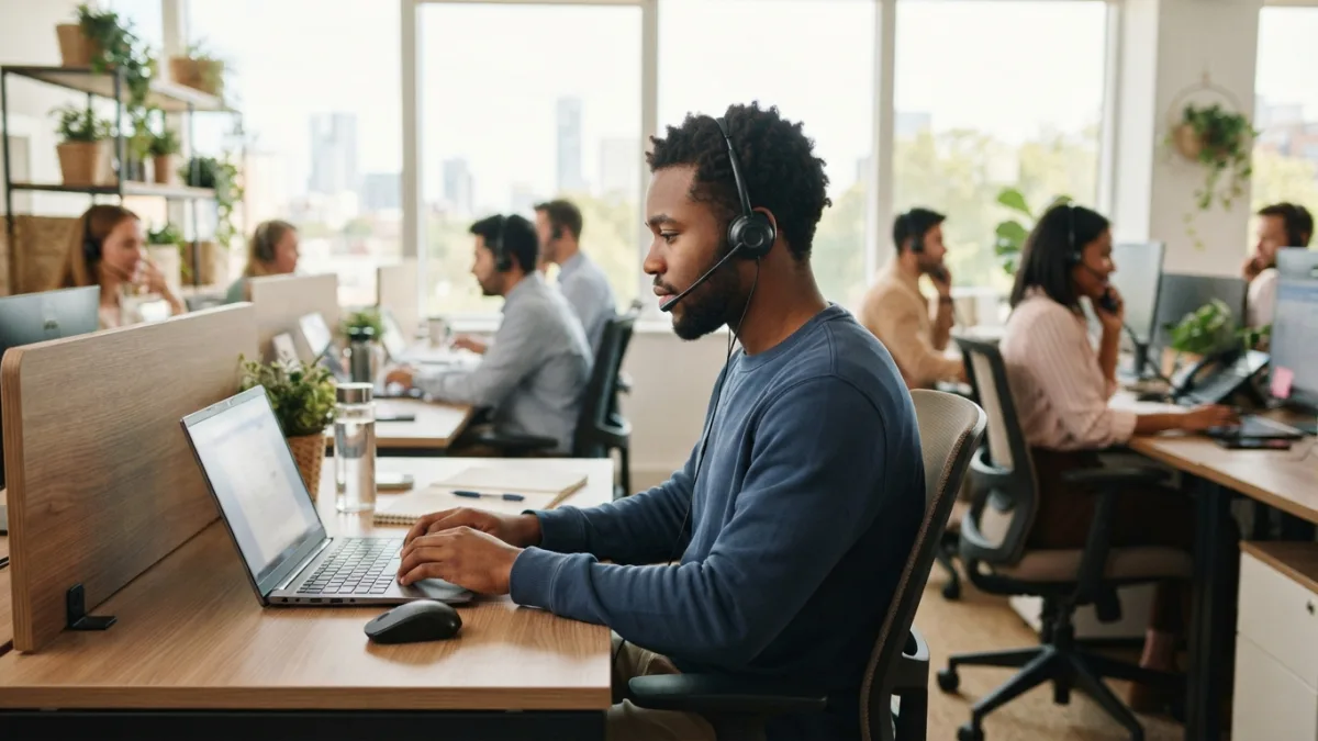 Young man with a headset typing survey answers on a laptop in a bright fieldwork office with colleagues nearby