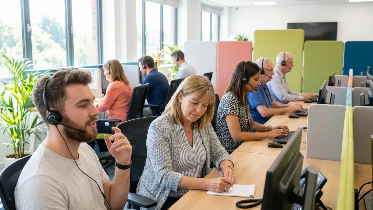 Telephone interviewers wearing headsets type at computers in a bright call centre