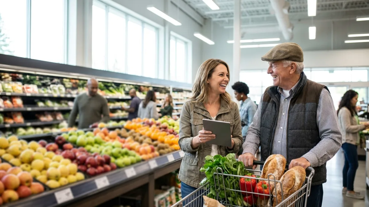 A female interviewer holding a tablet talks with an older male shopper beside a trolley in a supermarket
