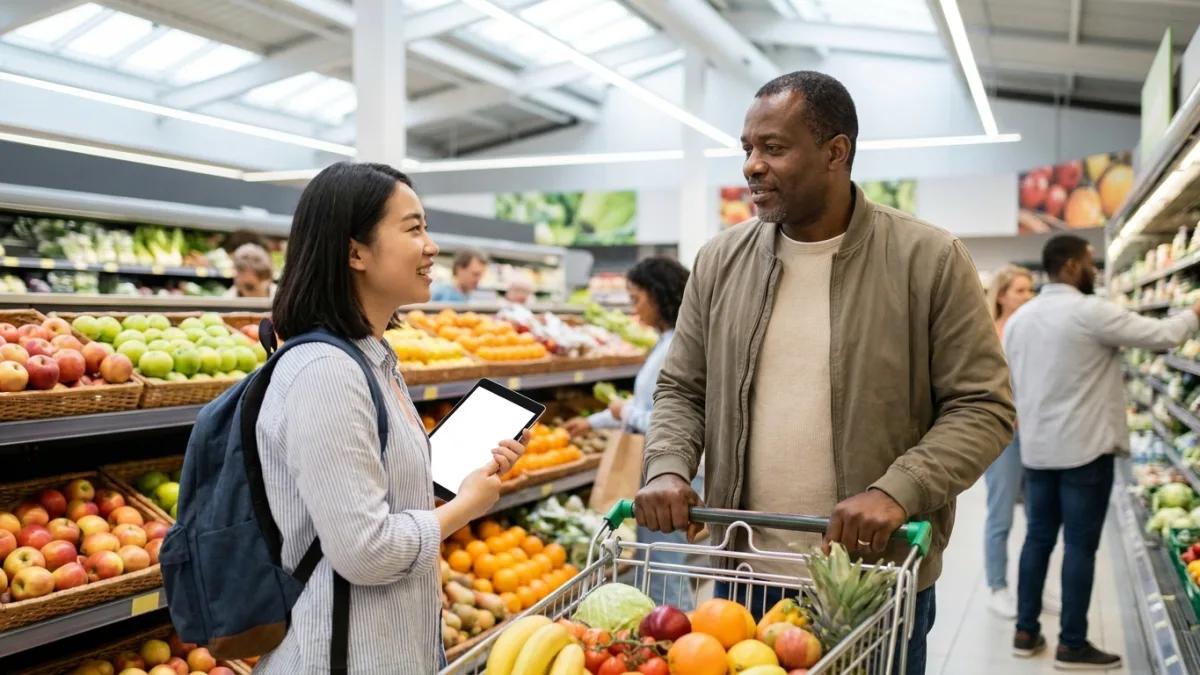 A young interviewer with a tablet talks to a male shopper beside a trolley of fruit and vegetables in a supermarket