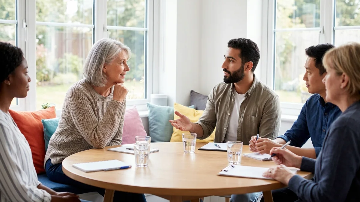 A grey-haired moderator listens as a young man speaks during a focus group around a table in a sunny room