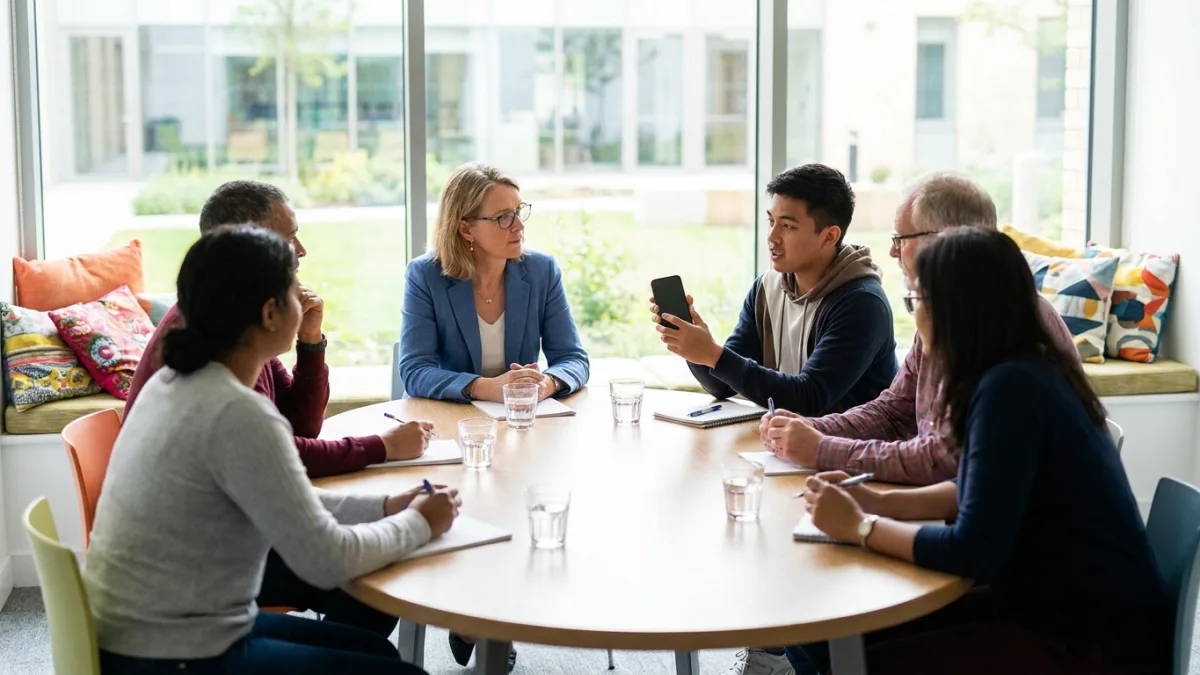 A moderator leads a focus group of students and adult learners around a table, and one young man holds up his phone as he talks