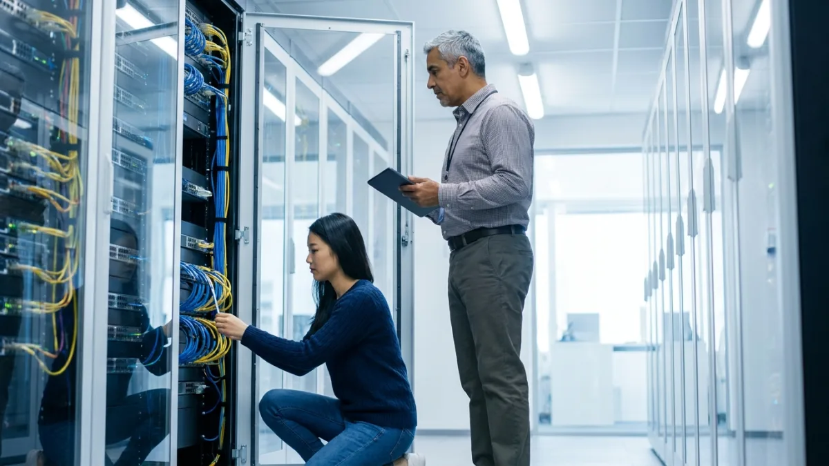 A woman checks blue and yellow cables in a server rack while an older colleague holding a tablet stands beside her.