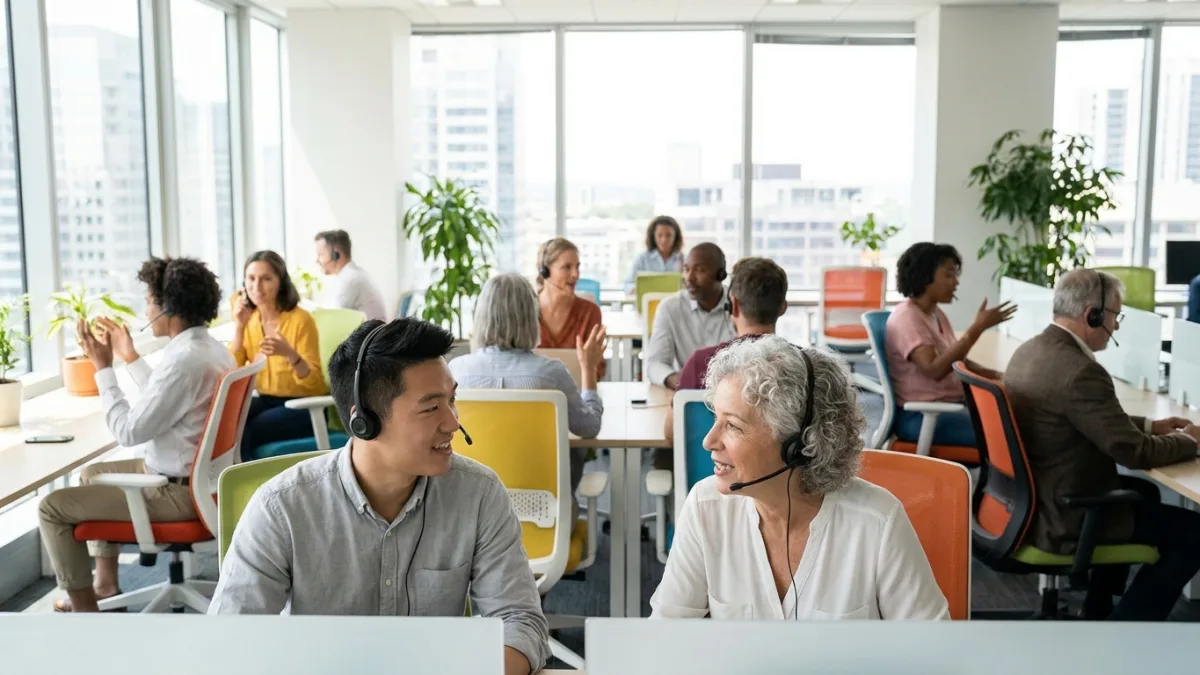 Telephone interviewers wearing headsets talk to respondents at desks in a bright open-plan office with large windows.