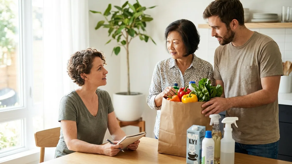 An interviewer talks with an older woman and a young man as they unpack grocery shopping at a kitchen table