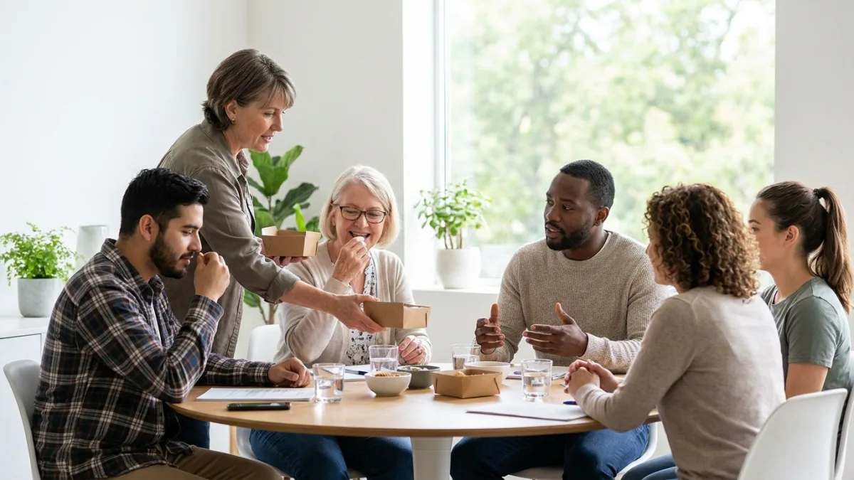 A moderator hands snack samples in cardboard packaging to a varied group of adults tasting them around a table