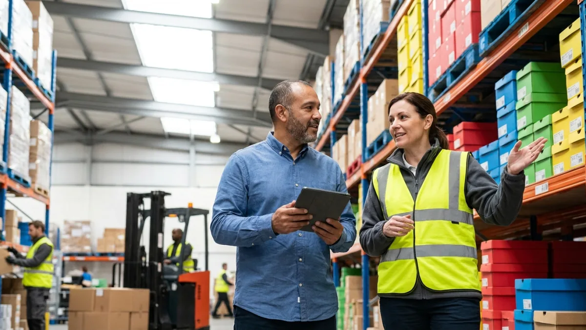 An interviewer with a tablet listens to a warehouse manager in a high-visibility vest as she points at shelves of boxes