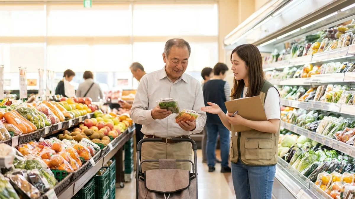 An older shopper compares two products in a supermarket aisle while a young researcher with a clipboard talks to him