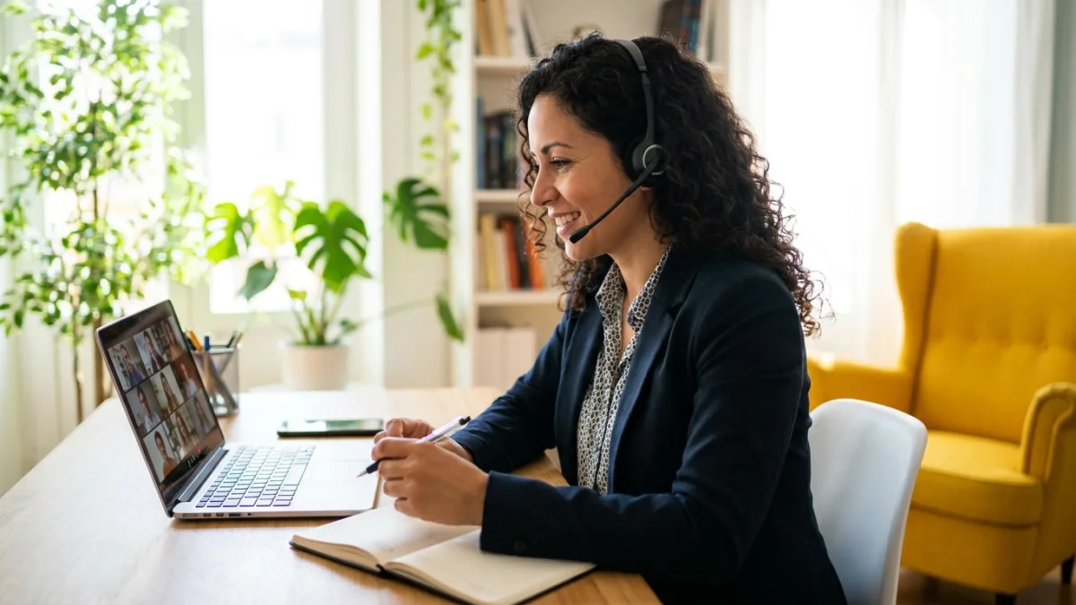A moderator with a headset runs an online focus group from her laptop in a bright home office, writing notes