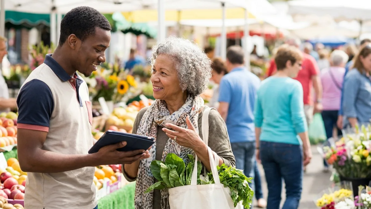 An interviewer holding a tablet talks with an older woman carrying vegetables at a busy outdoor market