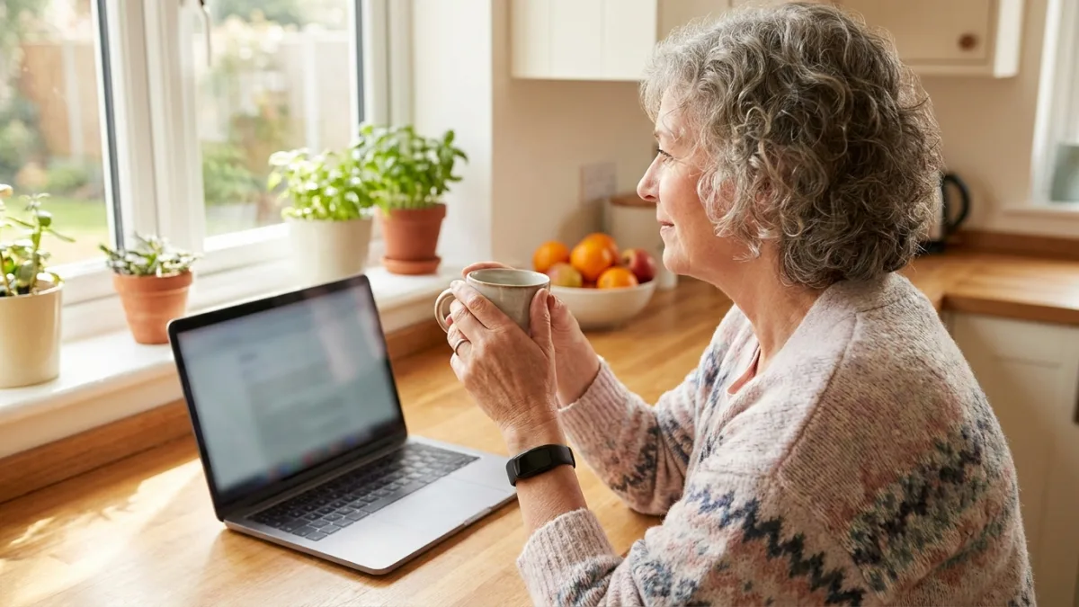 An older woman with a wrist monitor sits at her kitchen table during a video call with her doctor on a laptop