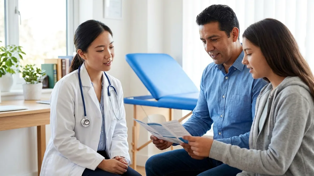 A female doctor sits beside a father and his teenage daughter in a bright clinic room, talking through treatment options