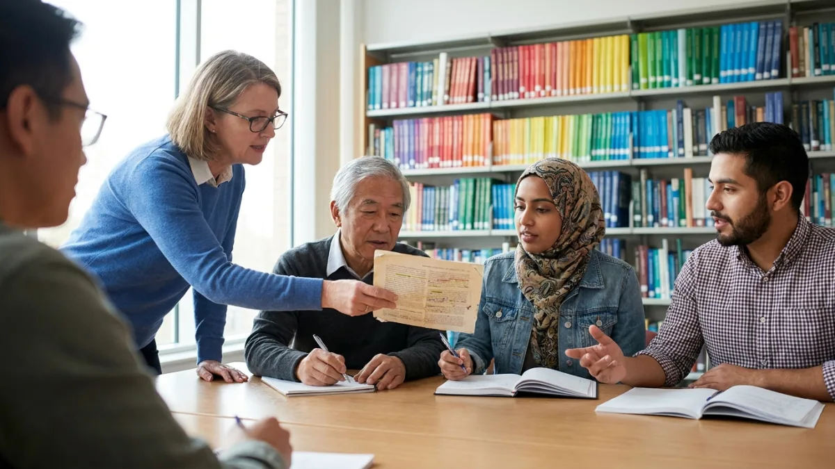 Four academics in a library study room sharing an annotated journal article and taking notes