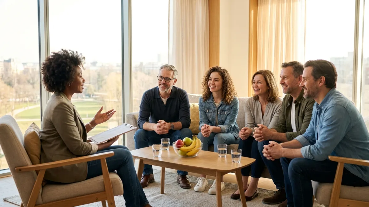 A moderator leading a relaxed group discussion with five people of different ages in a bright lounge room