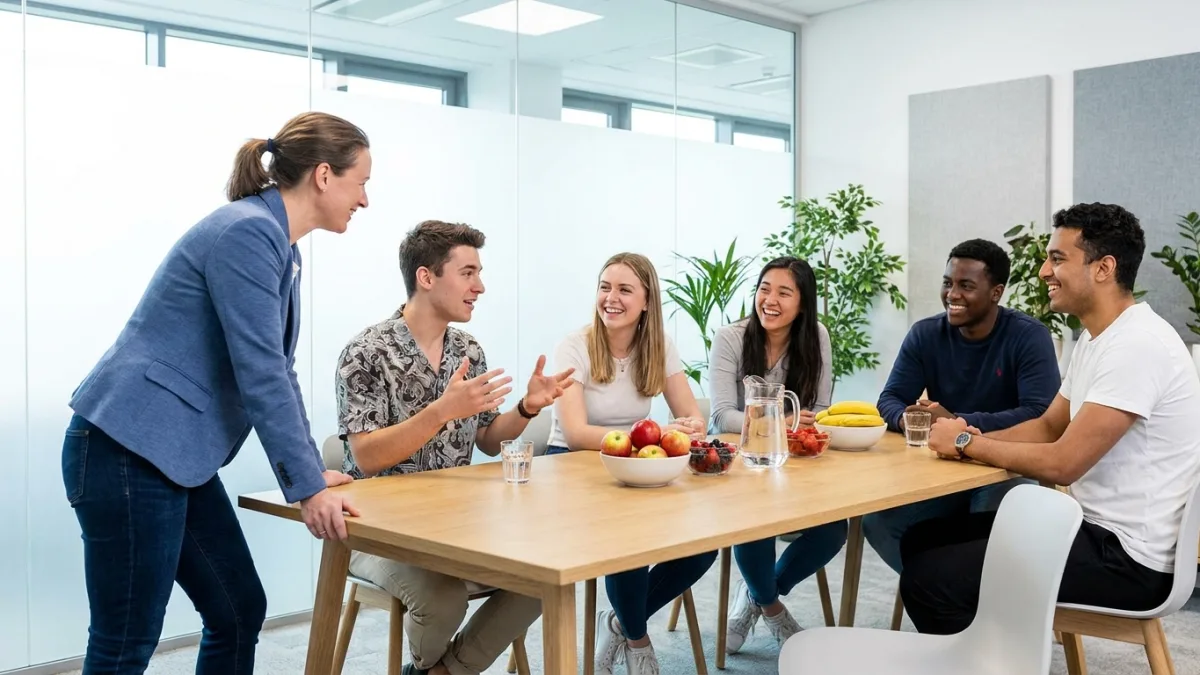 A moderator listens as five young adults talk together around a table in a bright focus group room
