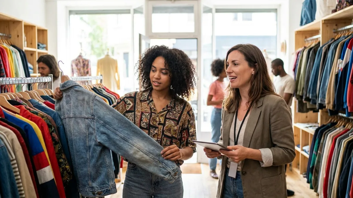 A field interviewer with a tablet talks to a young woman holding a denim jacket in a second-hand clothing shop