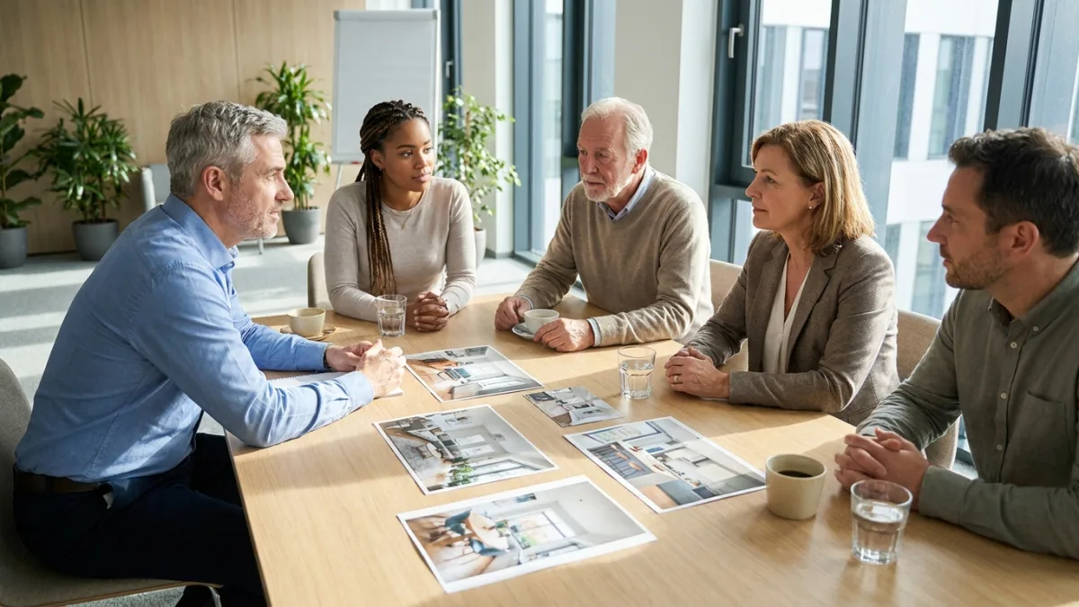A moderator listens as five adults of different ages talk around a table covered with photographs of house interiors