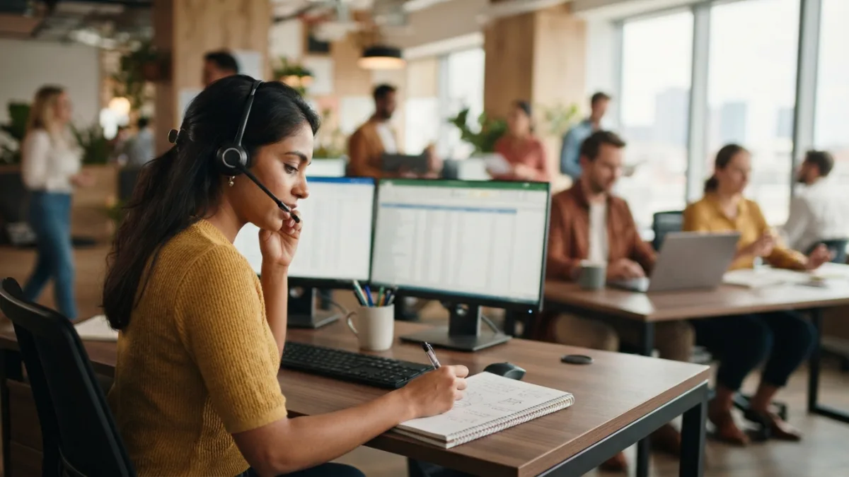 Recruiter with a headset taking handwritten notes at a desk in a bright office while colleagues work behind her