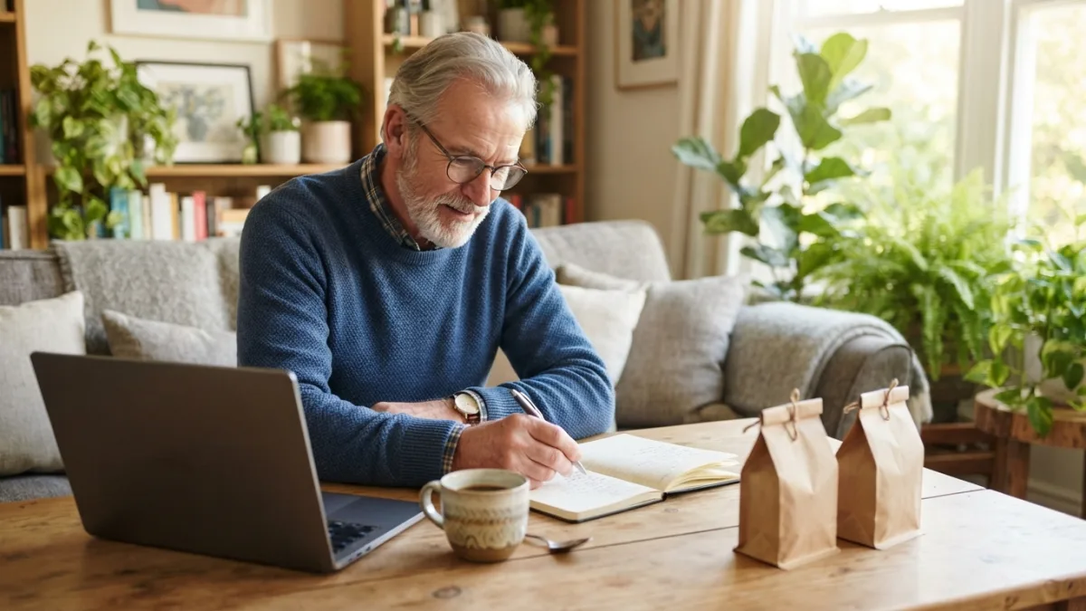 Older man at a living room table writing in a notebook next to a mug of coffee, two coffee bags and a laptop