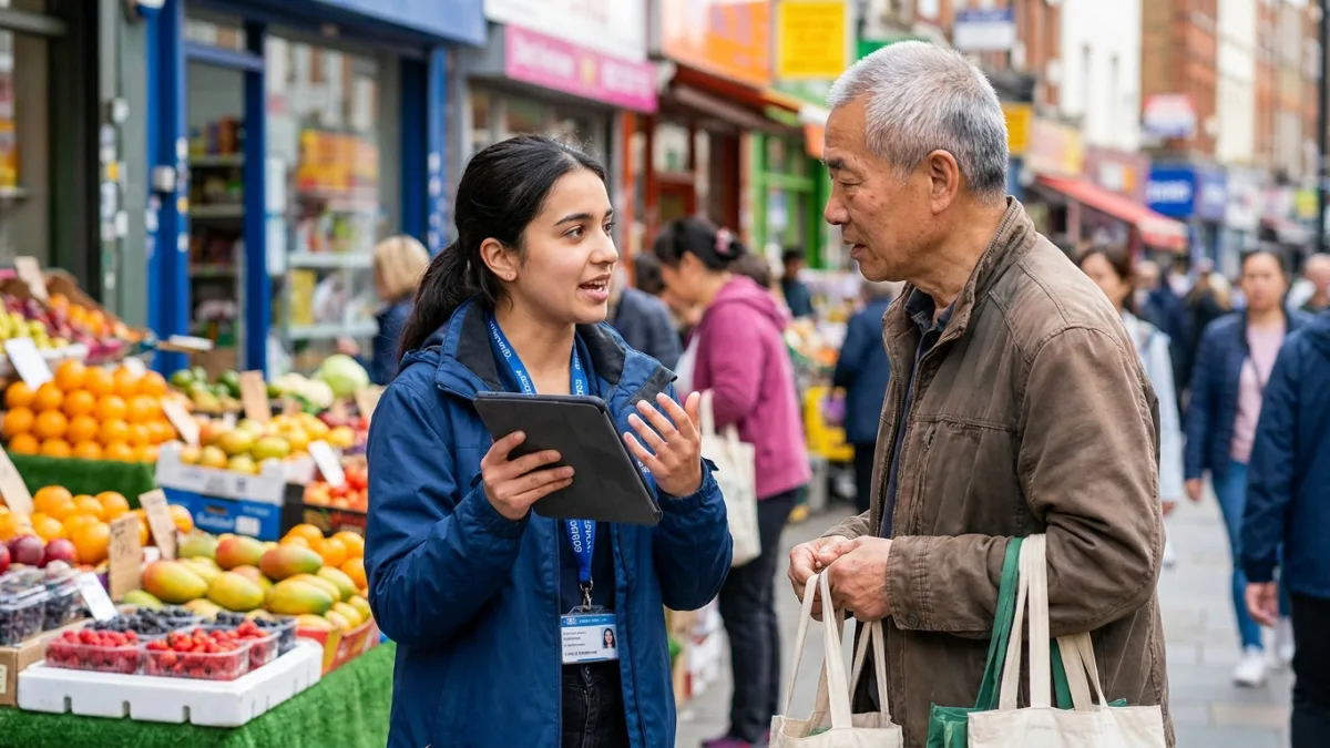 Street interviewer with a tablet talks to an older man holding shopping bags beside colourful market stalls