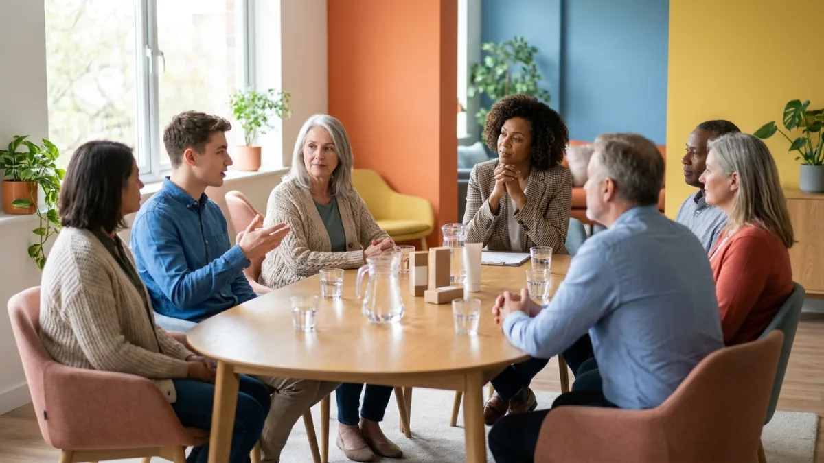 Moderator listens as six people of different ages discuss product samples around an oval table in a focus group room