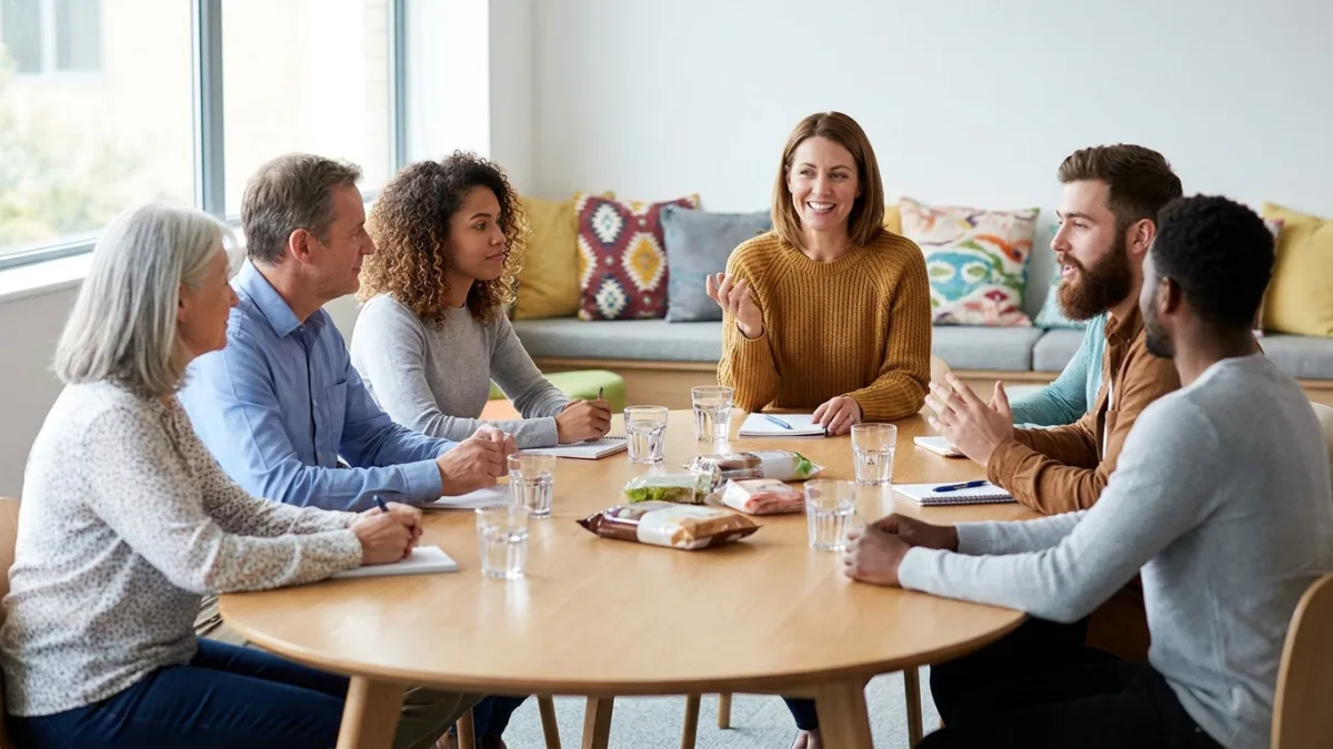 A moderator leads a focus group of six people of different ages sitting around a table with drinks and product samples