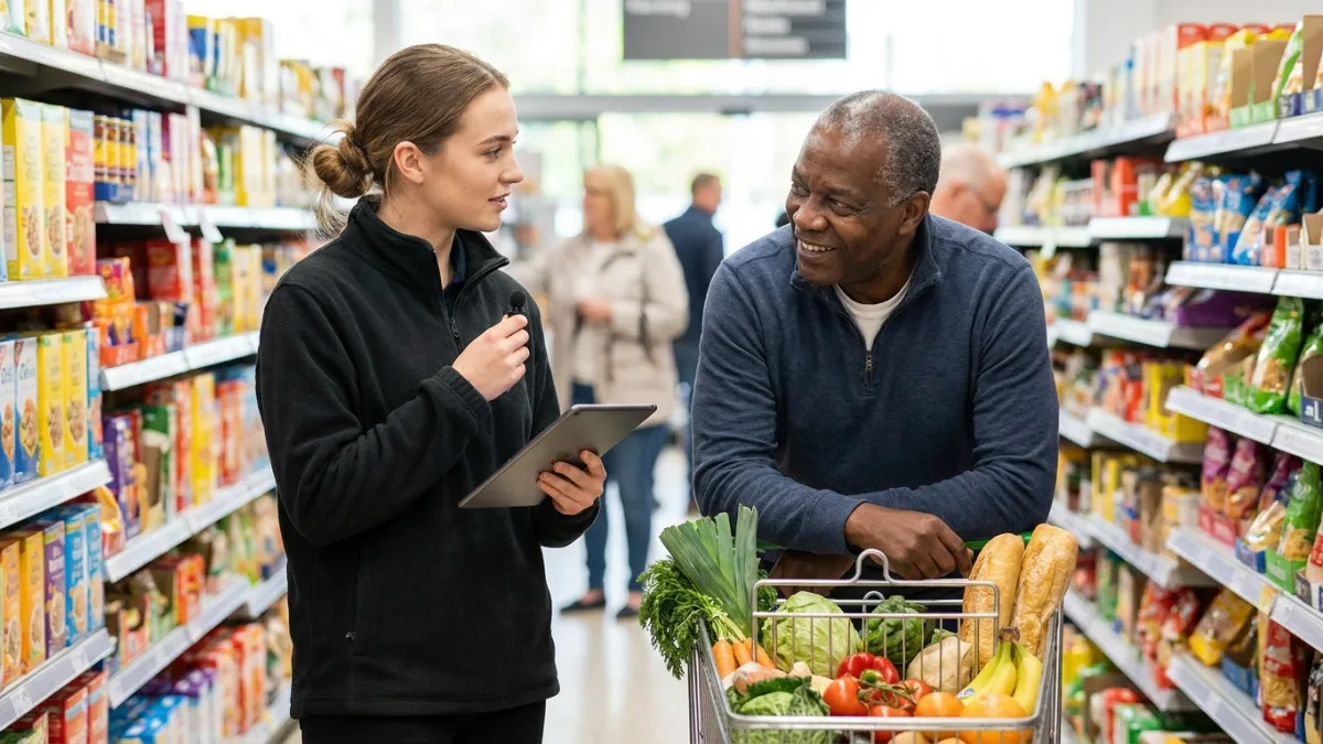 A young interviewer with a tablet talks to an older male shopper with a trolley in a supermarket aisle