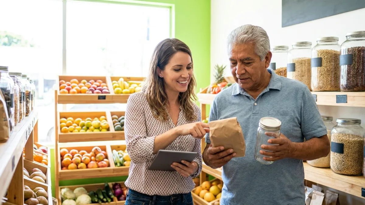 Interviewer with a tablet speaking to an older shopper holding a refillable jar in a bright grocery shop