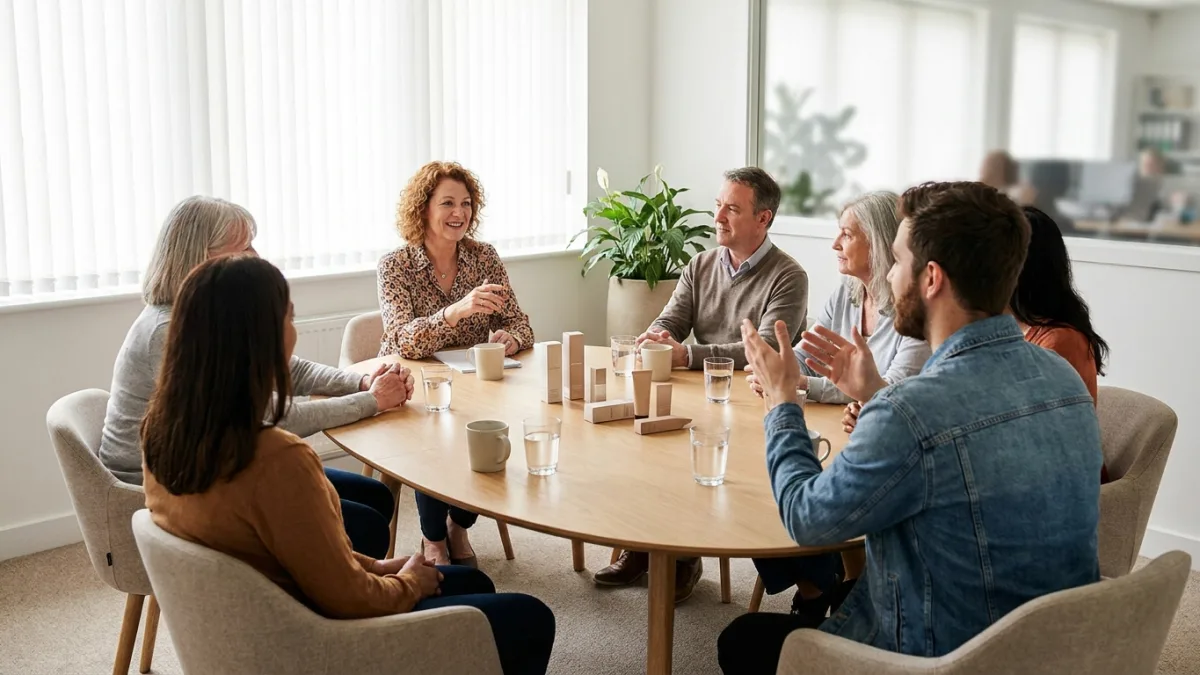 Moderator leading a focus group of six varied participants around an oval table with product samples