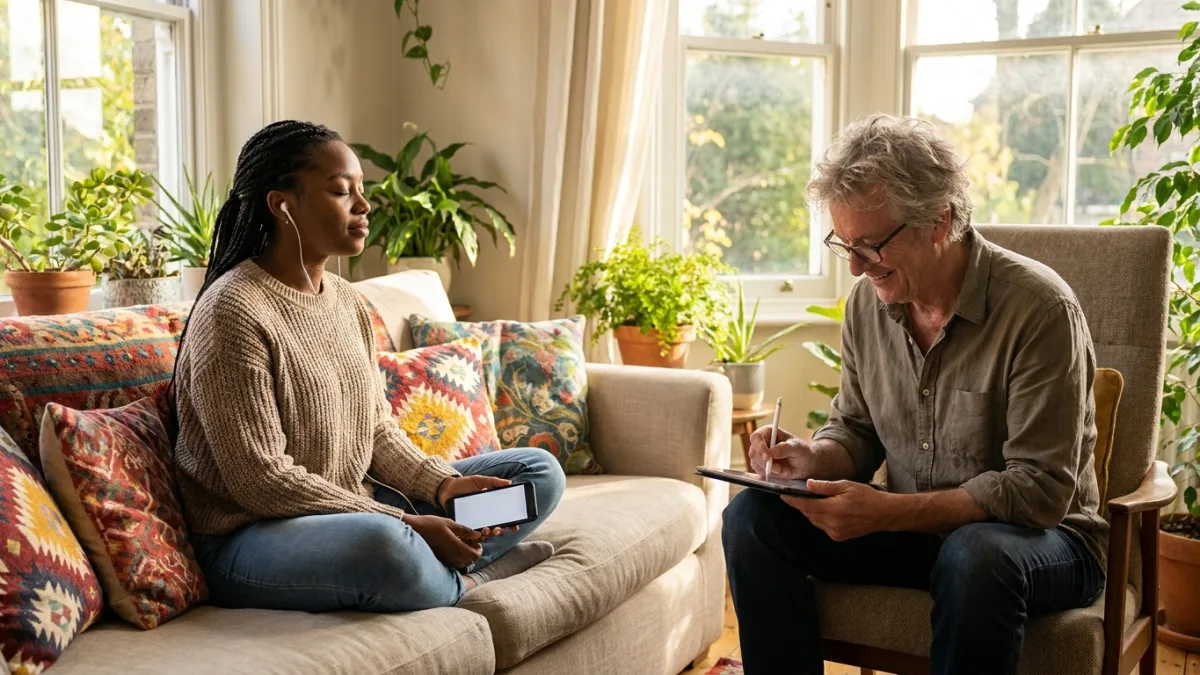 A young woman with earbuds and a phone sits on a sofa while an older male interviewer takes notes on a tablet nearby.