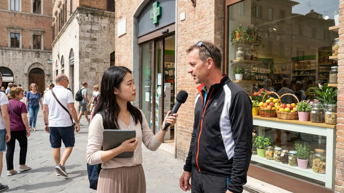 A young female interviewer with a tablet talks to a middle-aged man on a sunny city street outside shops.