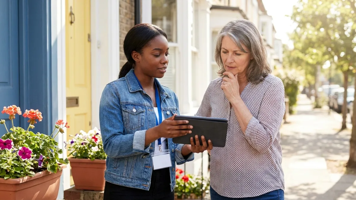 An interviewer on a doorstep shows a tablet to a woman who reads it carefully on a sunny residential street.