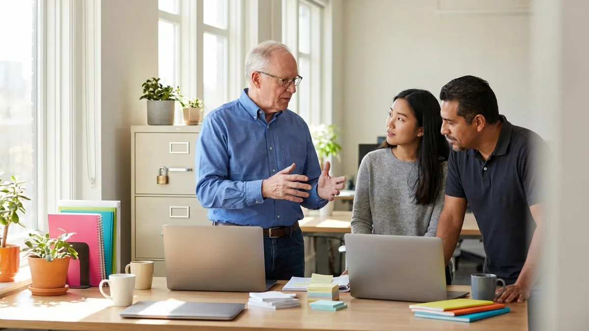 Three analysts talk around a desk with laptops and notebooks in a bright office, a filing cabinet beside them.