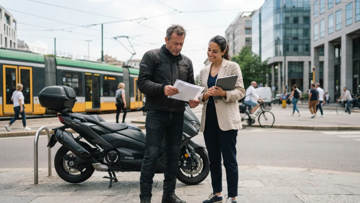 A scooter owner shows documents to a researcher with a tablet beside his parked Maxi scooter in Milan.