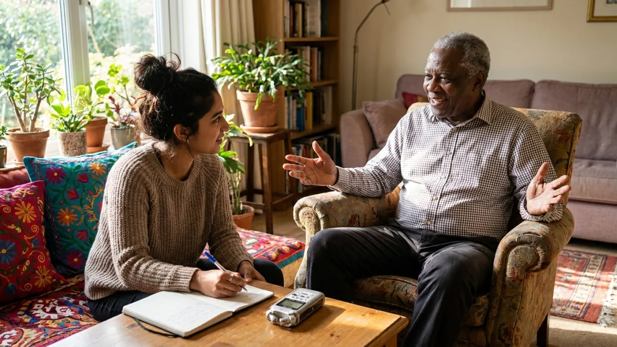 A researcher with a notebook listens to an older man talking in his armchair at home, with a recorder on the table