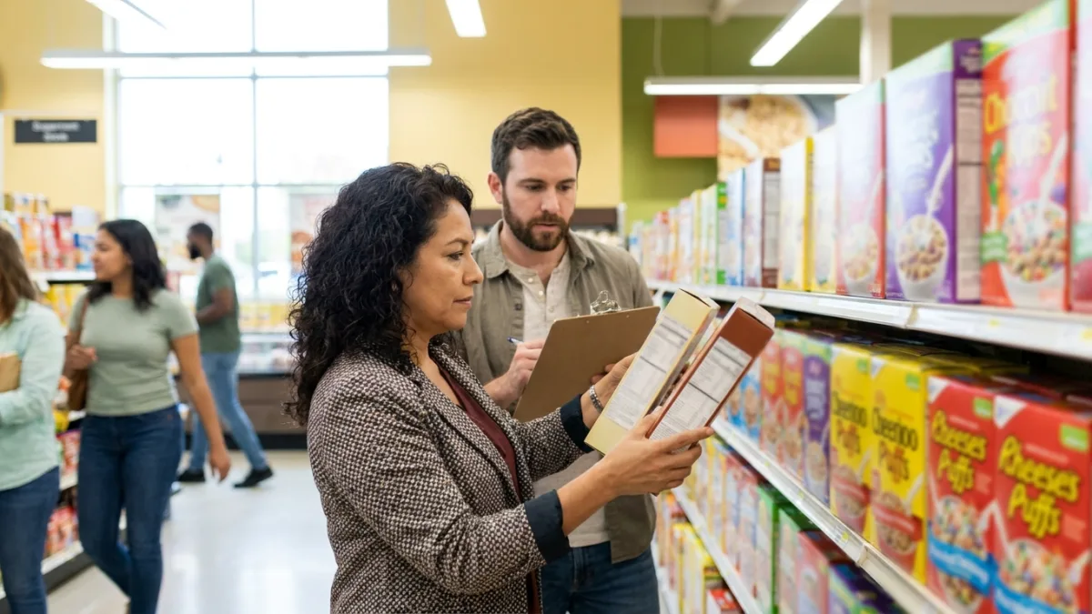 A shopper compares two boxes in a supermarket aisle while a researcher with a clipboard watches beside her
