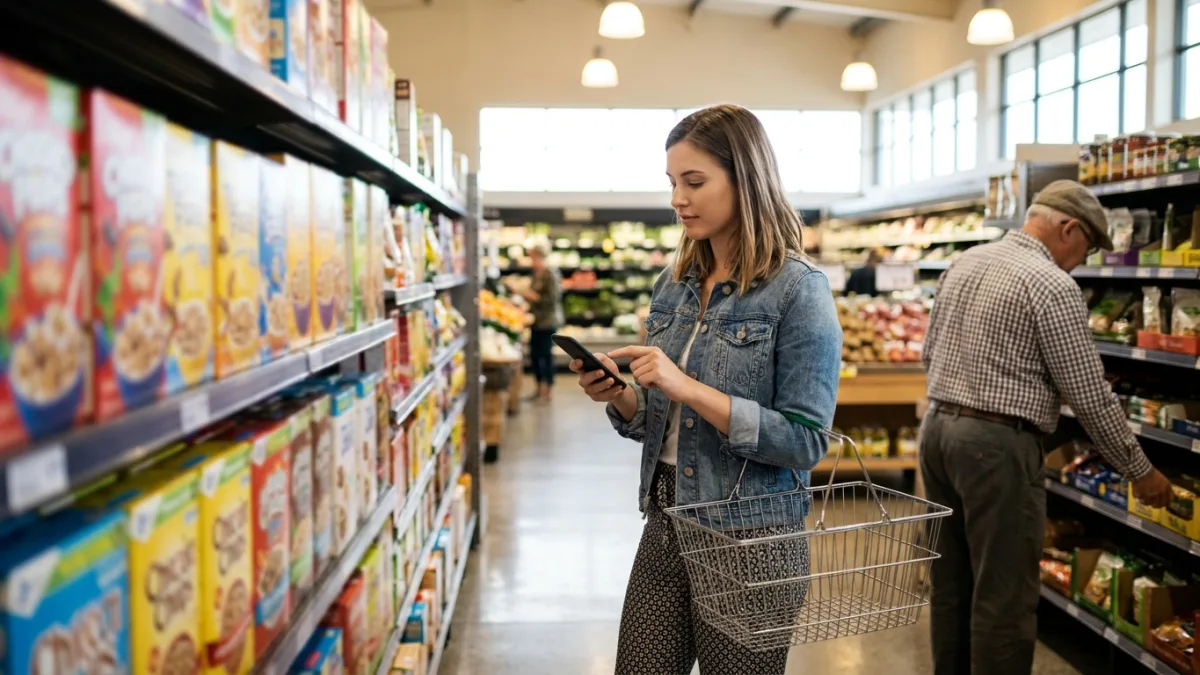 A young woman holding a shopping basket uses her smartphone in a supermarket aisle with colourful cereal boxes