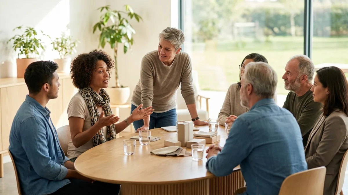 A moderator listens as a mixed group of adults discuss product samples around an oval table in a bright room