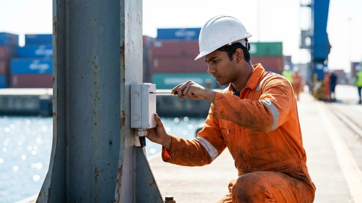 Technician in orange overalls fitting a small sensor box to the steel leg of a crane on a sunny quayside