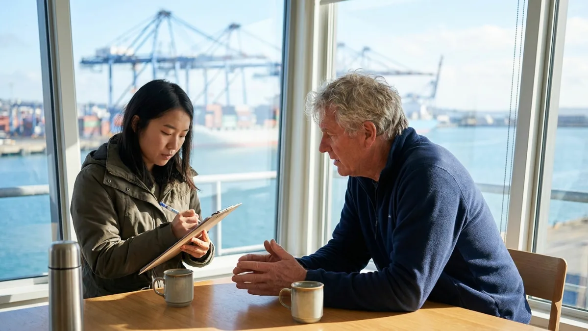 Researcher taking notes while an older port manager talks in an office with windows overlooking cranes and water
