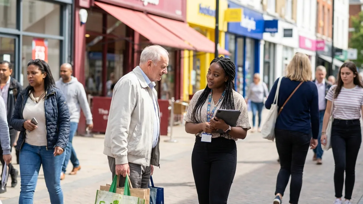 A field interviewer with a tablet talking to an older man carrying shopping bags on a busy high street