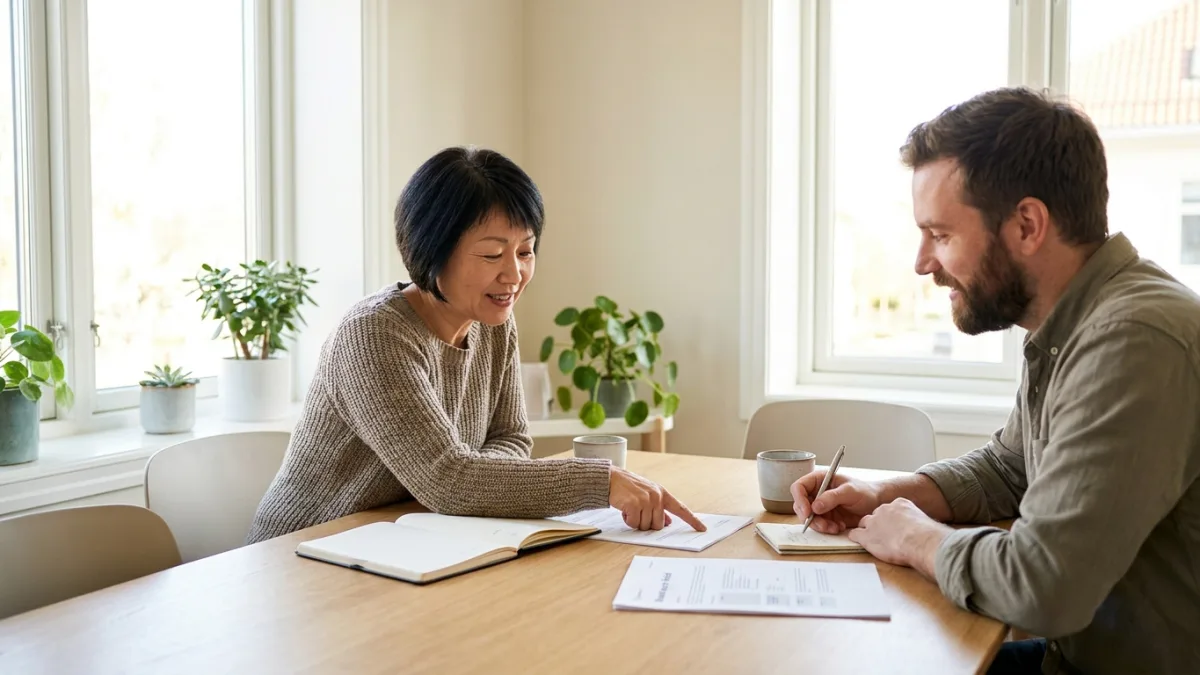 A woman and a bearded man discussing a printed brief at a meeting table with notebooks and coffee